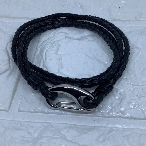 Black Woven Leather Double Wrap Bracelet Silver Tone Lobster Clasp Adjustable - Picture 2 of 5